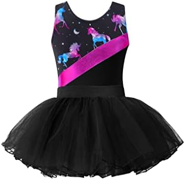 Oyolan Kids Girls Letard Dress Dress Mleesess impresso Bodysupositão com saias de tutu Fantasia de dança de balé