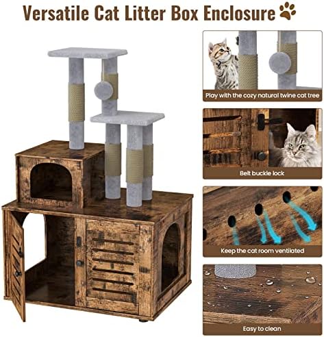 Gabinete da caixa de areia de gato recaceik com árvore de gato, móveis escondidos de banheiro com divisória, casa