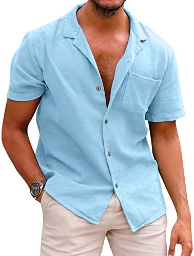 Camisa de linho de algodão masculina botão de manga curta para baixo camiseta de gola de manobra seca