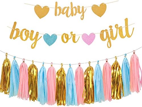 Aonor Gênero Revelar decorações de festas - Cartas de brilho bebê e menino ou menina com corações banner,
