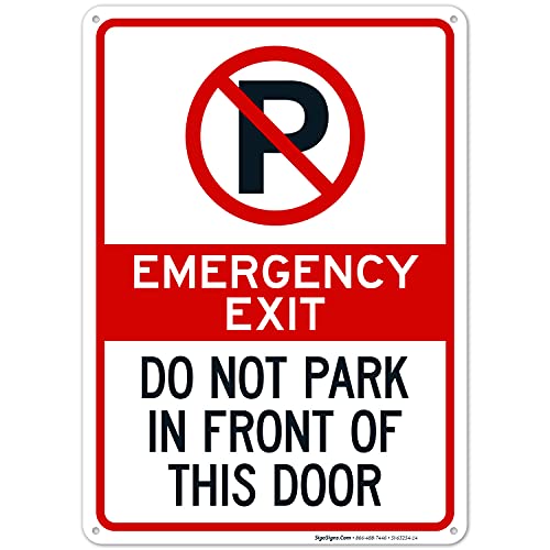 Saída de emergência Não estacione em frente a este sinal da porta, 10x14 polegadas, alumínio.
