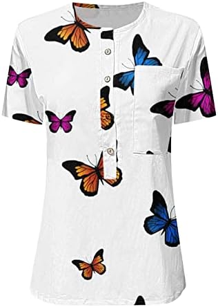 Camise de blusa de manga curta para garotas de algodão de algodão botão para baixo na borboleta