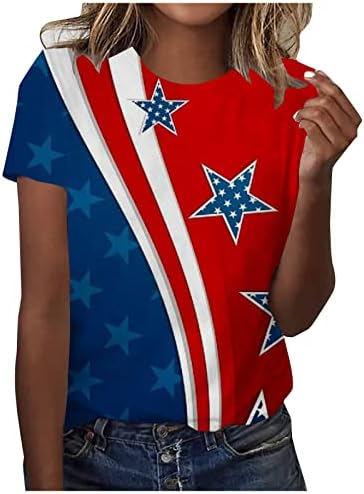Ausyst Womens American Flag Tshirts Summer Casual Casual Manga curta Redonda Tops de 4º de julho Dia da independência