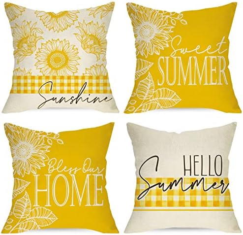 USSAP Hello Sweet Summer Sunflower Decorativo Capas de travesseiros 18 x 18 Conjunto de 4, abençoe nossa