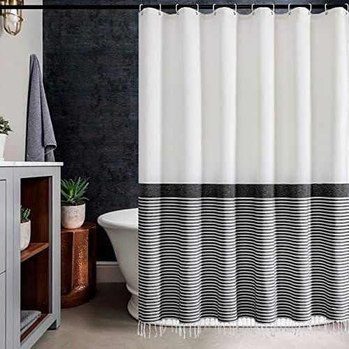 Mitovilla Black and White Farmhouse Curtain, cortinas de chuveiro de tecido de algodão Boho com borla