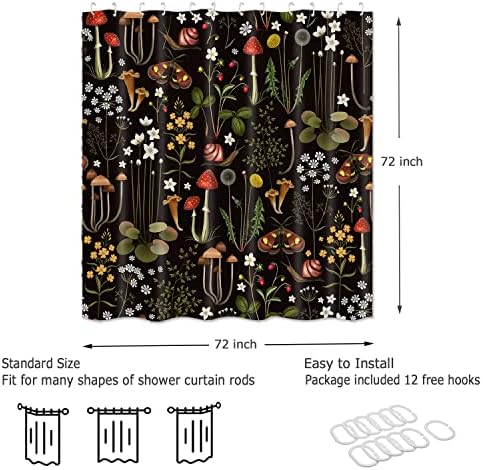 Cortina de chuveiro de cogumelos retrô emwnodti para banheiro, plantas de flores de florestas