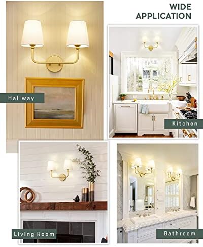 Metwet 2-Light Gold Bathroom Vaidade Luminária, Moderno Solces de parede de cabeceira com sombra de tecido