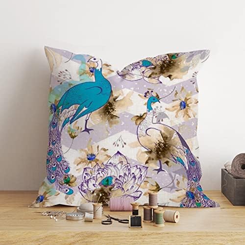 Pavão roxo azul retro com flores Passagem de arremesso de travesseiro aquarela Decoração Caso de almofada de