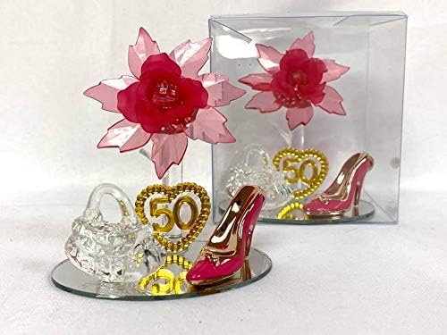 50ª festa de aniversário Acrílico Favor com Fuchsia Flor in Clear Box 10 CT