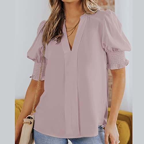 V Pech Pished Pleat Buff Sleeve Office Tops for Women Casual Solid Color Blouse solta camisas longas para