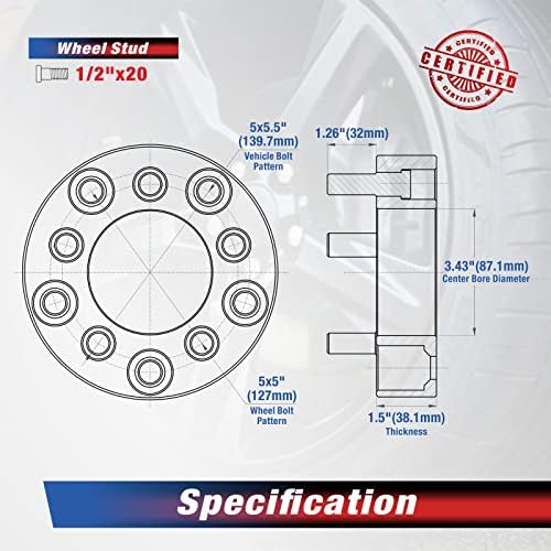 Adaptadores de roda MOCA 38,1mm de 87,1mm de furo central converte 5x139.7mm a 5x127mm - 1/2 x20 Studs