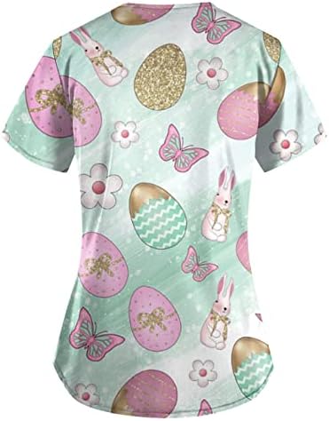 Scrub feminino Tops Tops de páscoa uniforme de camiseta ovos de coelhinho de coelhinho impresso de manga curta