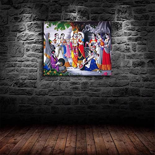 Senhor de destaque Radha Krishna toca embaixo da árvore e gosta de arte de flauta com gopiya, religioso e elegante e elegante impressão de arte impressão de lona de parede de parede para casa de estar decoração mural