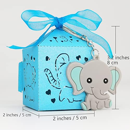 Favores de chá de bebê azul de 50 pacote para convidados - Chaves de elefante + caixas de doces com ribbin