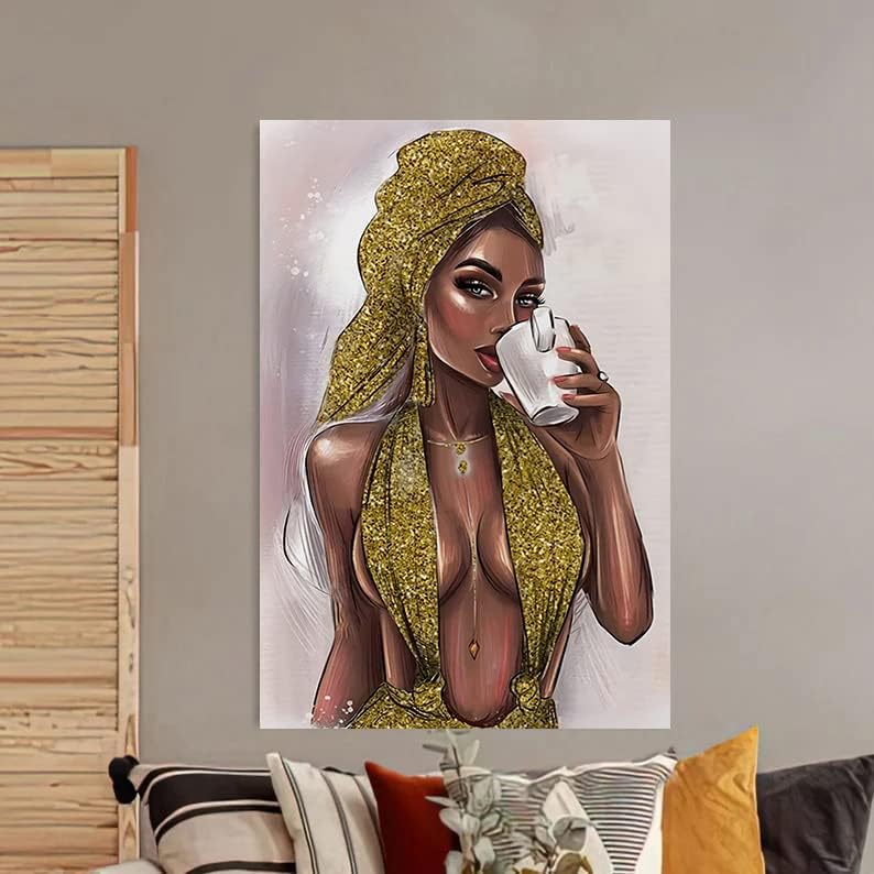 Mulher negra afro -americana bebendo café Poster de Arte de Arte de Glitter Gold Gold, Modern Fashion