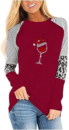 Xiaojmake Womens Christmas Wine Glass Camisa fofa de Papai Noel Selta Casual Bloco de Color Langado Raglan