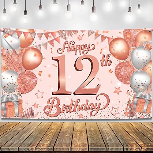 Katchon, Feliz Banner de 12 anos - 72 x 44 polegadas | Rose Gold 12th Birthday Banner | 12º aniversário decorações para meninas | Rose Gold 12th Birthday Birthday Pedido | Decorações de festa de aniversário de 12 anos