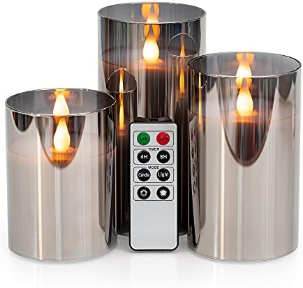 Wyzworks prata cinza metais led de vidro tingido de vidro espelhado piscando velas de pilares sem chamas,