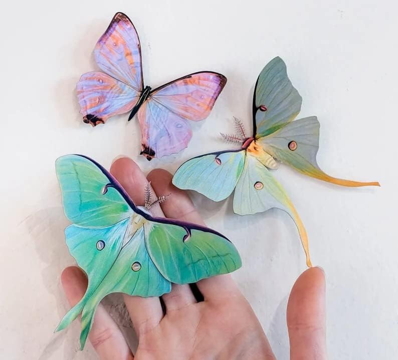 Fitas de 3 peças, papel realista Luna Moth, dupla face, recutas artesanais de papel de borboleta