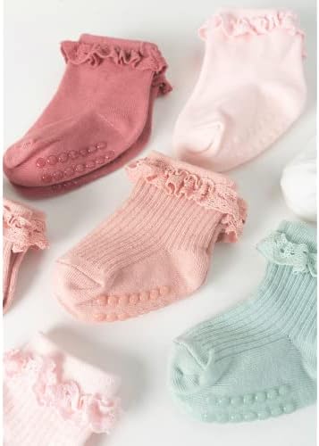 Junoai Toddler Girls Anti Slip Socks - Design de babados com babados sem skid com garras para o