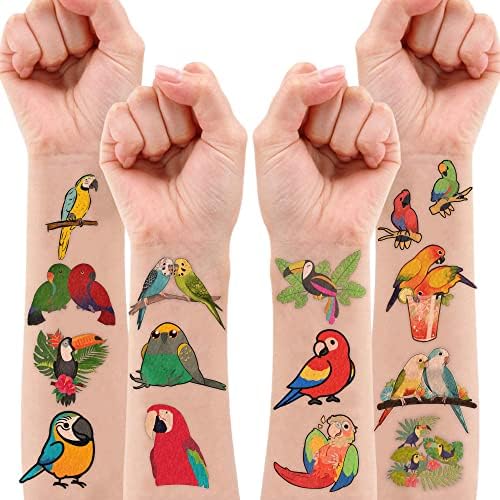 8 folhas Parrot Bird Bird Tattoo Stickers Tropical Tropical Birthday Party Decorations Supplies Favors For