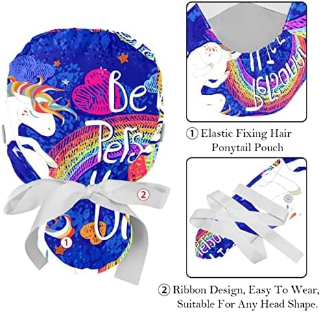 Caps médicos para mulheres com botões cabelos longos, boné de trabalho ajustável de 2 peças, unicorn azul
