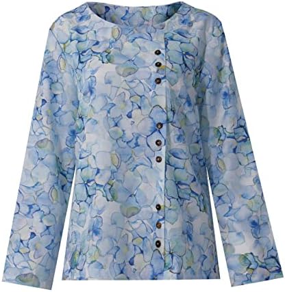 Camisa curta feminino redondo pescoço macio com botões Tops algodão mola de algodão Floral de mangas
