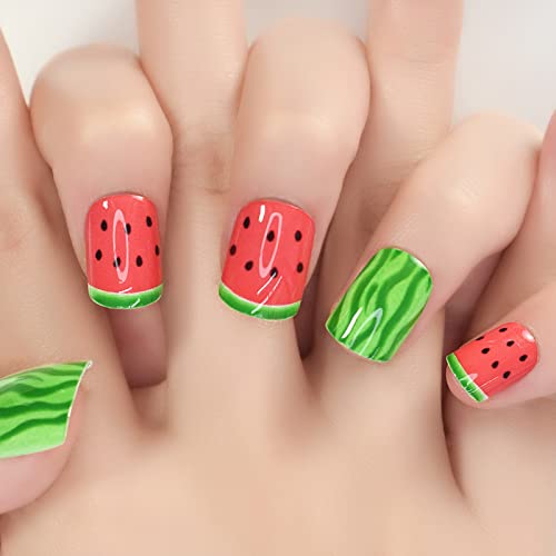 Pintura de melancia verde vermelho fofo padrão calmo unhas quadradas de verão curto frutas frescas