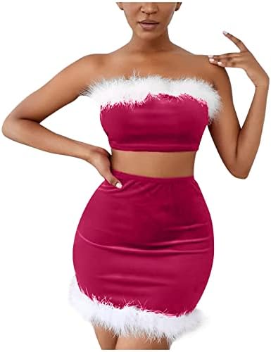 Lingerie de festa de Natal para mulheres Vestido de Bodycon Red Santa Duas peças Velvet Babydolls