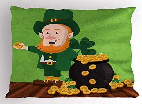 Ambesonne Leprechaun travesseiro Sham, desenho animado do dia de Saint Patrick com maconha Shamrock e Coin,