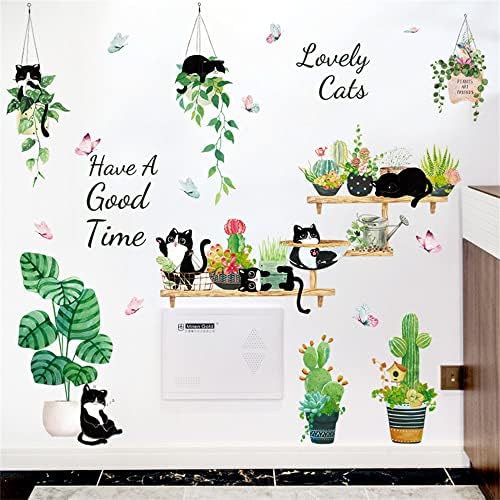 Decalques de parede de gato e cacto super fofos adesivos de parede de jardim quarto sala de estar