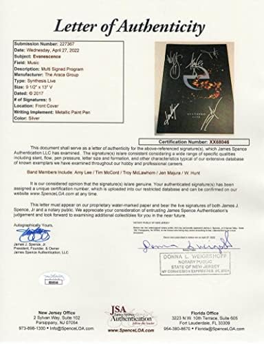 Evanescespence Band Syntese Syntese Tour Programa de Síntese de Autógrafo com James Spence JSA Carta