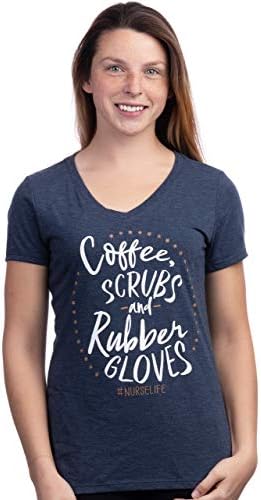 Café, esfoliação, luvas de borracha | Doutor engraçado enfermeira camiseta de decote em V fofa para