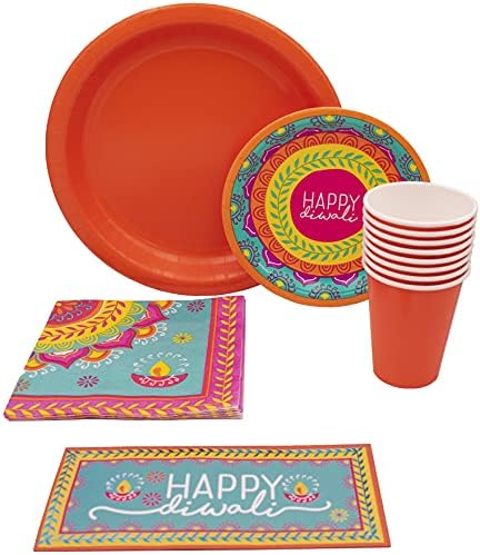 Pacote de tabela de tabela de diwali indiano colorido! Placas de papel descartáveis, guardanapos, xícaras e envelopes