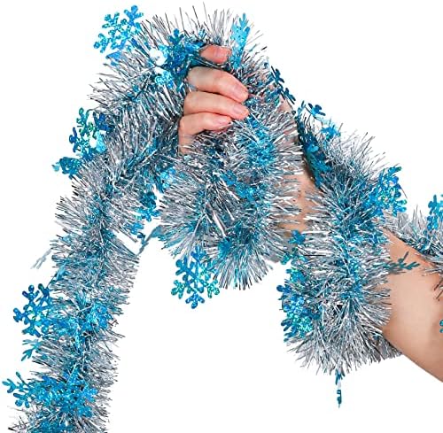 AnyDesign 32,8 pés de Natal Tinsel Garland Blue Sliver Twist Garland com flocos de neve Garland decorativa
