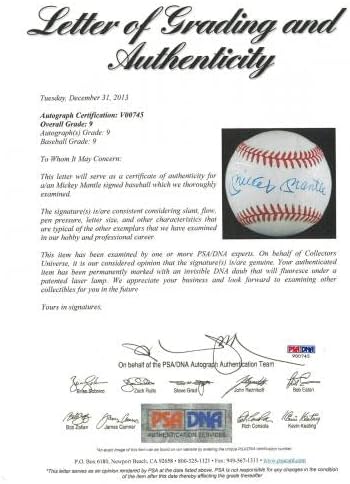 Mickey Mantle assinou a American League Baseball PSA DNA Auto Classificado Mint 9 - Bolalls autografados