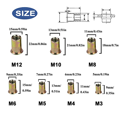Kit de porca de rebite de 600pcs, sortimento das porcas de rebite métrico M3 M4 M5 M6 M8 M10 M12, acabamento