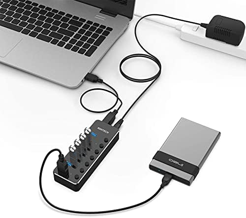 RSHTECH 7 Hub USB 3.0 PortPowered com adaptador CA + 2 em 5 OUT Switch USB com 4 portas USB 3.0, tomada de áudio
