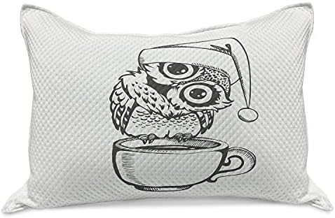 Ambesonne Owl Print micoteca de colcha de travesseira, pássaro com chapéu de Papai Noel fica em uma xícara de