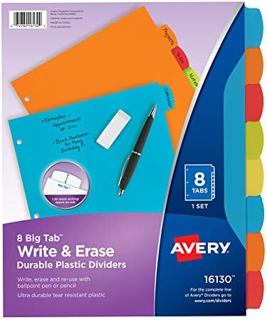 Avery 8-TAB plástico Divisores de fichário, escreva e apagar as abas grandes multicoloras, 1 conjunto,
