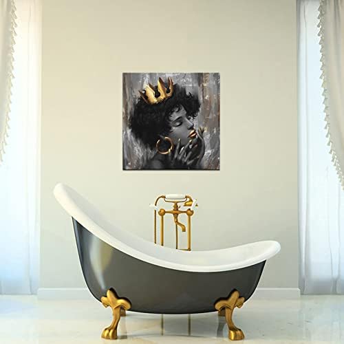 Sechars Affrican -American Wall Art Beautiful Black Woman With Crown Art Paintings Modern Black and Gold Canvas