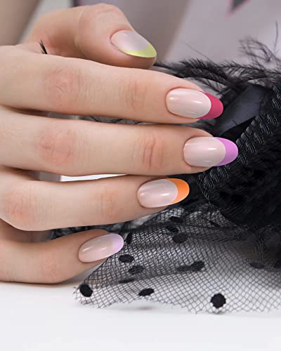 Justotry 24 PCs French Almond Fake Nails, Pressionar lustrosos em unhas com design, dicas coloridas de arte unhas