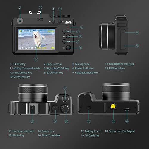 Câmera de vlogging, câmera digital 4K para foco automático do YouTube e anti shake com wifi, 16x Zoom digital