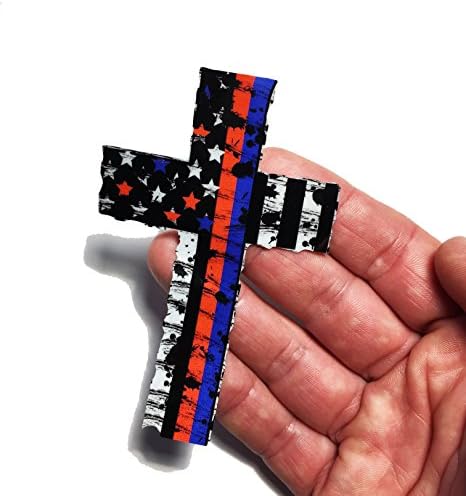 Christian Cross Red e azul esfarrapado 4x3 polegadas Sinalizou a bandeira dos EUA, decalque refletivo com