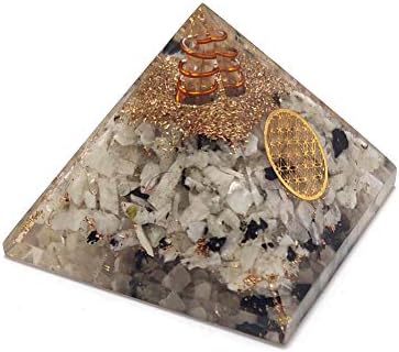 Sawcart arco -íris Moonstone orgone pirâmide de cristal com símbolo Flower of Life e 4 peças de gemas