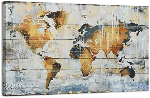 Kas Home Abstract Art - Grande Mapa do Mundo Vintage - Canvas Gold Filmas Impressões grandes Pinturas