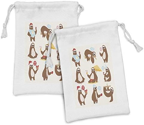 Conjunto de bolsas de tecido preguiçoso de Ambesonne de 2, caráter de animal lento e engraçado, diferentes poses