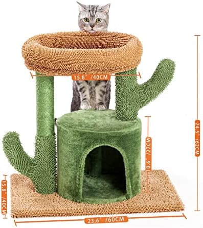 Kilodor Cat Tree para gatos internos, 24,5 polegadas Cactus Cat Tower com poleiro superior acolchoado, casa