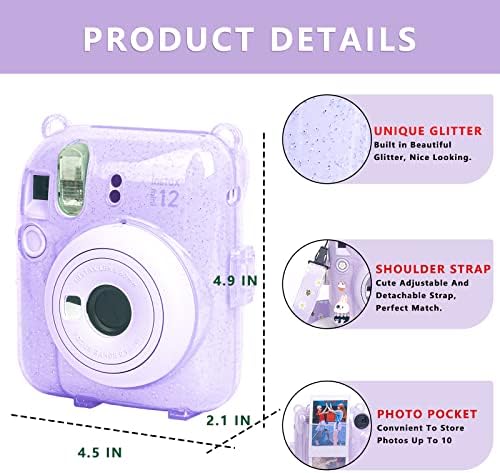 CAIYoule Clear Case para Fujifilm Instax Mini 12 Câmera instantânea, Fuji Instax 12 Caso de glitter com bolso