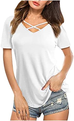 Camiseta de algodão de algodão no outono para mulheres roupas de manga curta v pesco